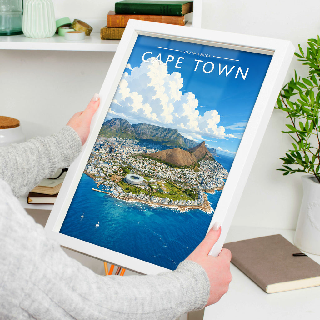 Cape Town Travel Poster in a white frame, held to show scale
