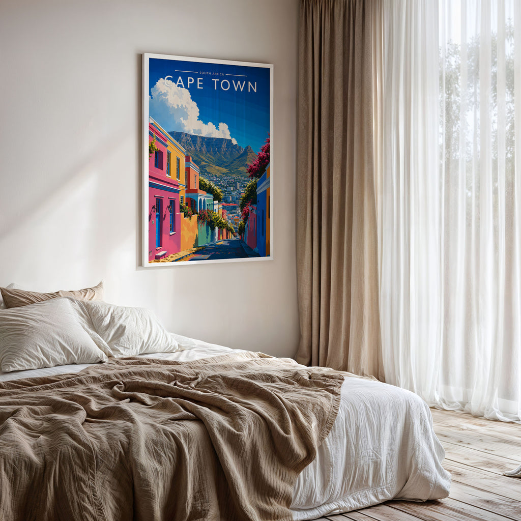 Cape Town #2 Travel Poster framed on a bedroom wall