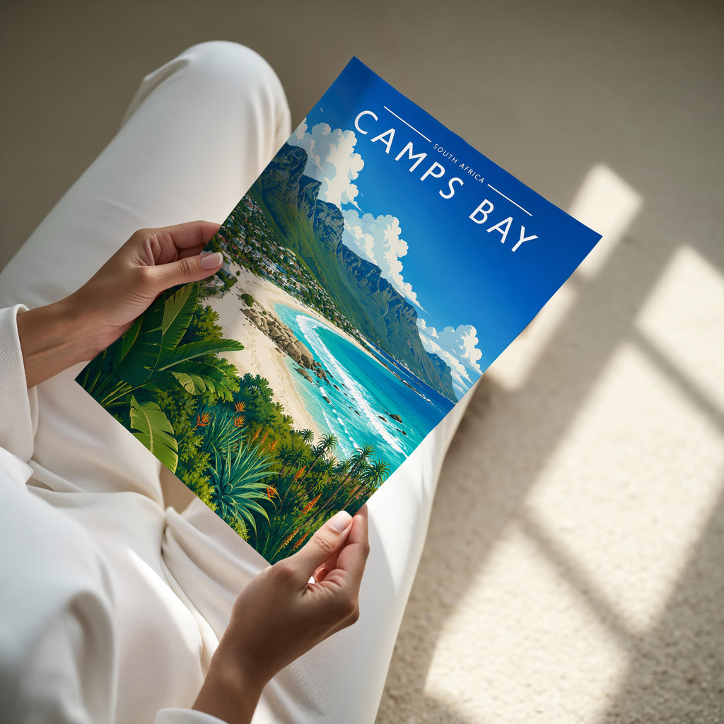Camps Bay Travel Poster - A4 print held in hand