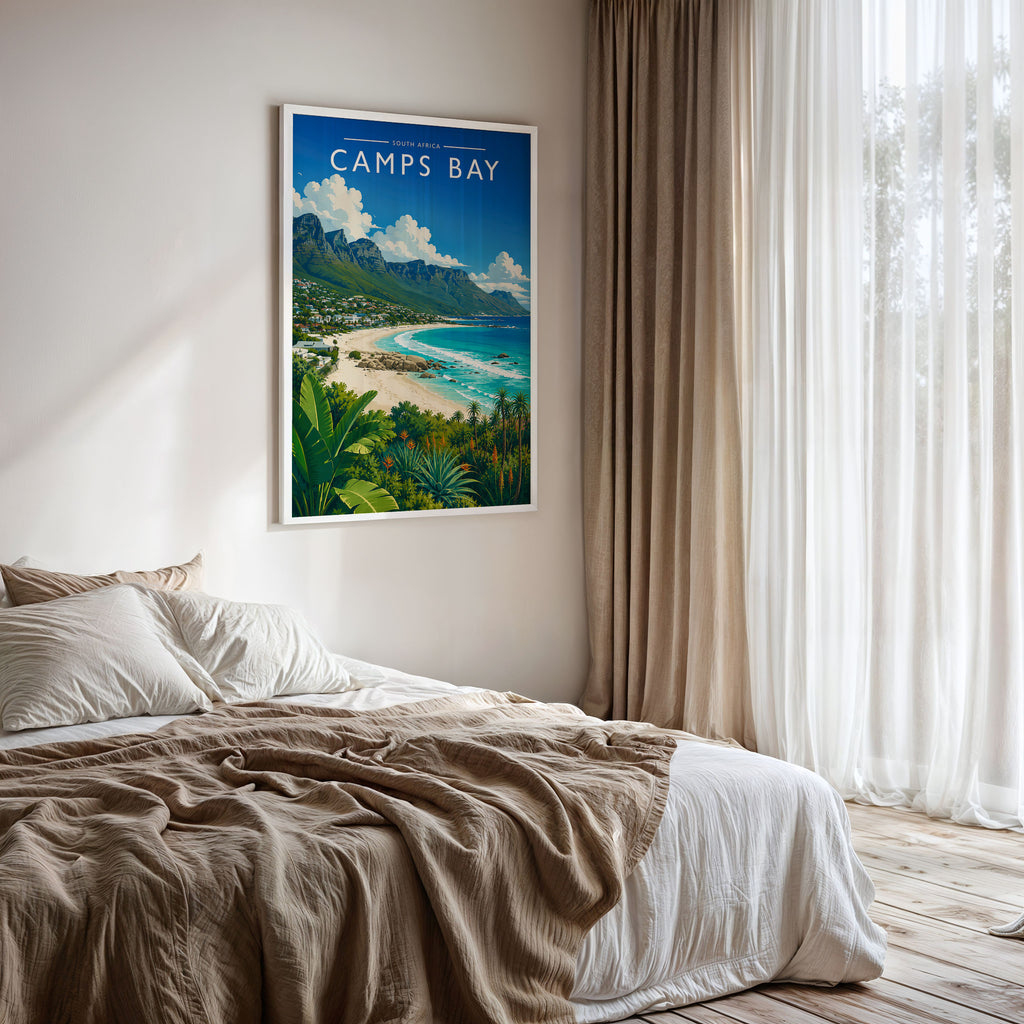 Camps Bay Travel Poster framed on a bedroom wall