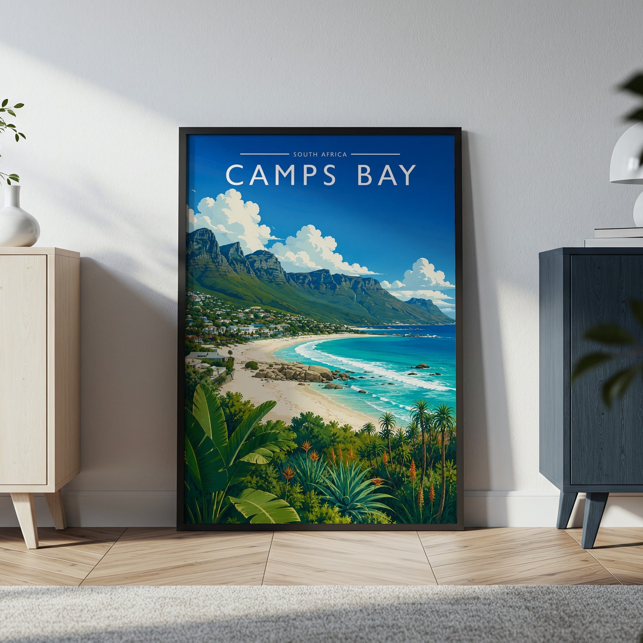 Camps Bay Travel Poster in a black frame
