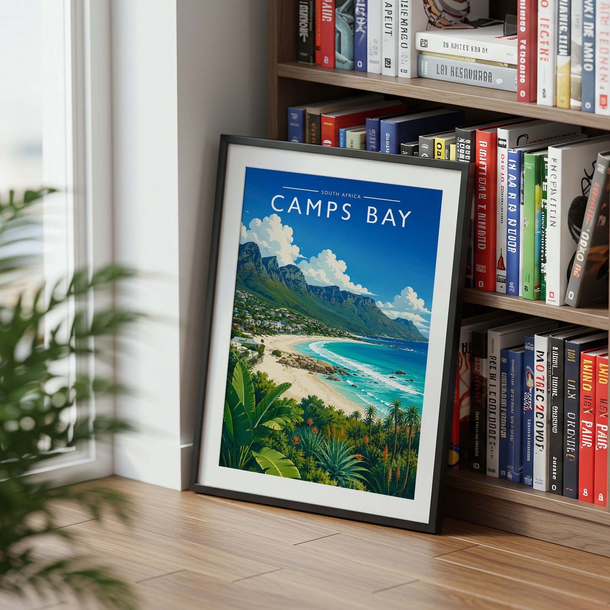 Camps Bay Travel Poster mounted in a black frame