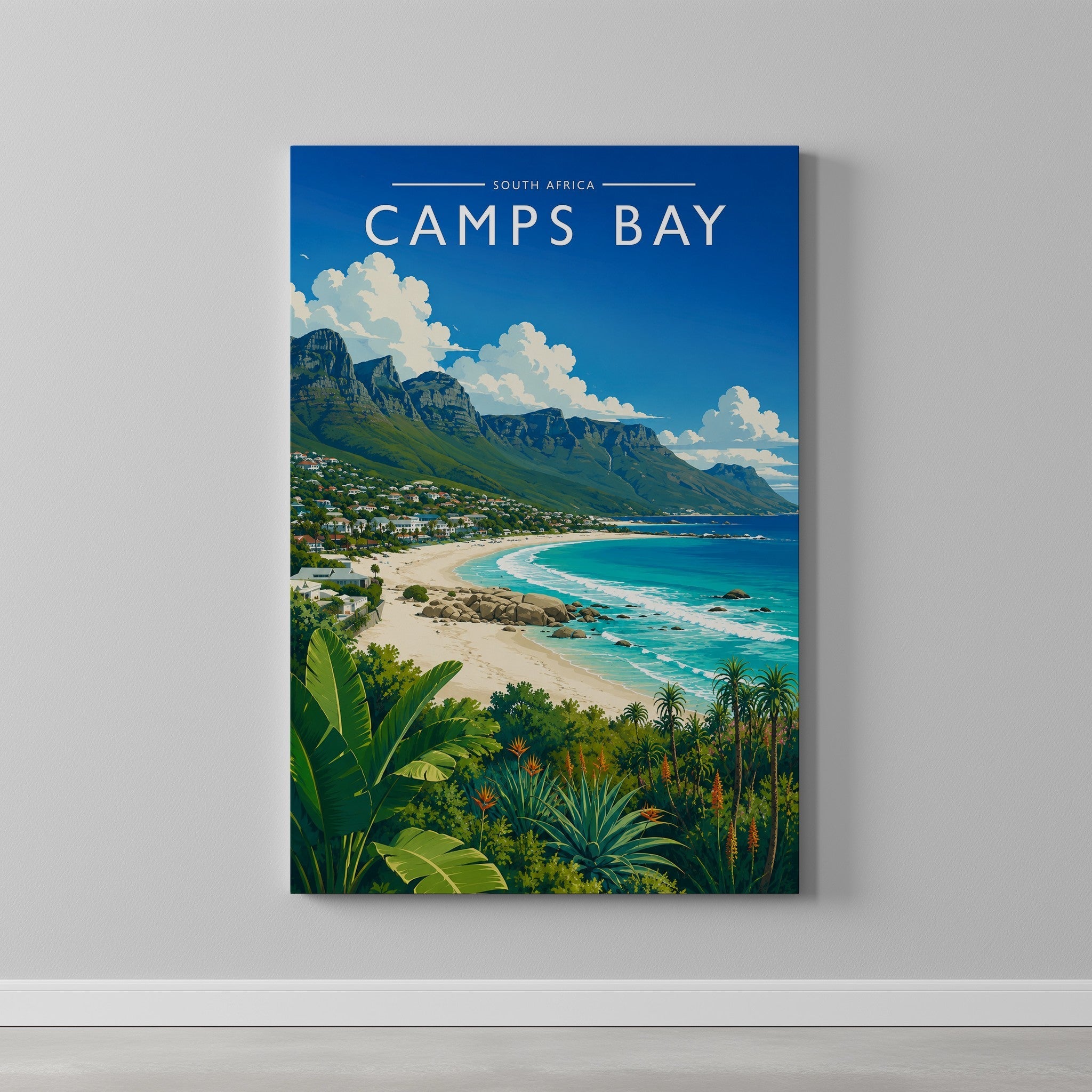 Camps Bay Travel Poster as a gallery-wrapped canvas on a plain wall