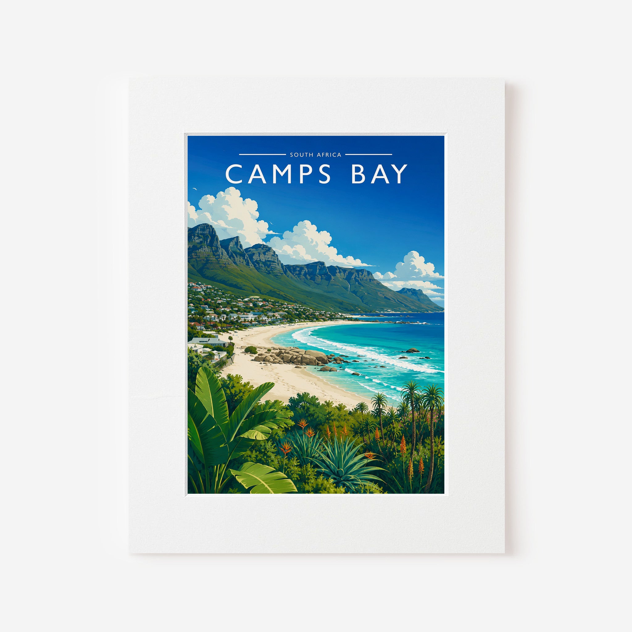 Camps Bay Travel Poster in a white mount