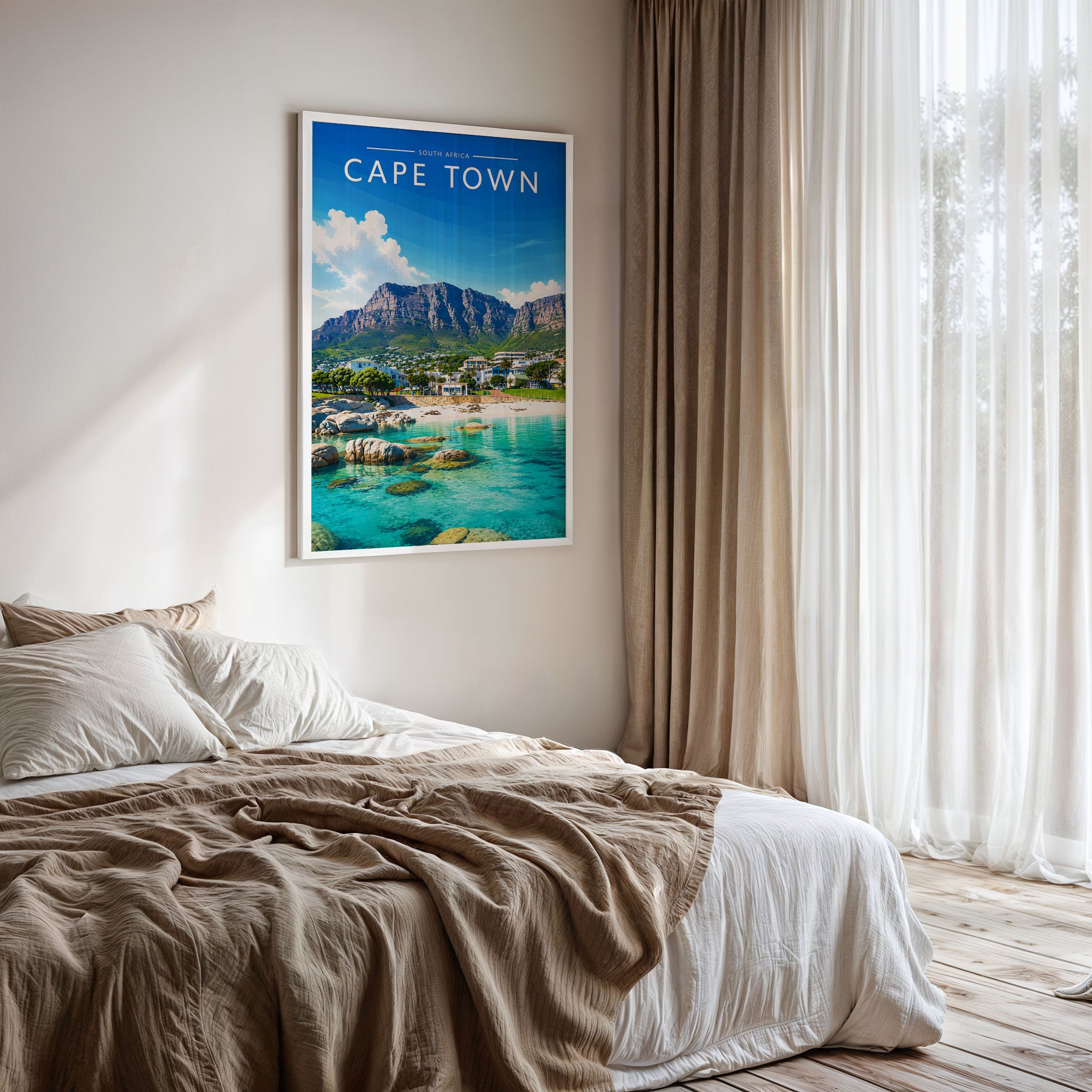 Cape Town #3 Travel Poster framed on a bedroom wall