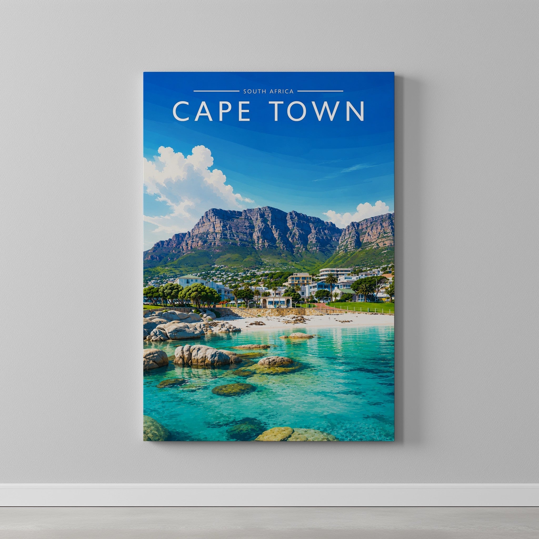 Cape Town #3 Travel Poster as a gallery-wrapped canvas on a plain wall