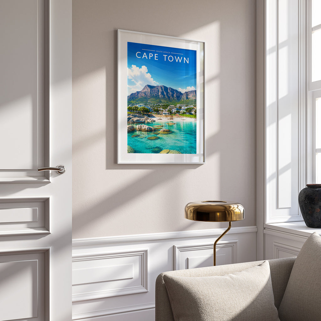 Cape Town #3 Travel Poster in a white frame on a panelled wall