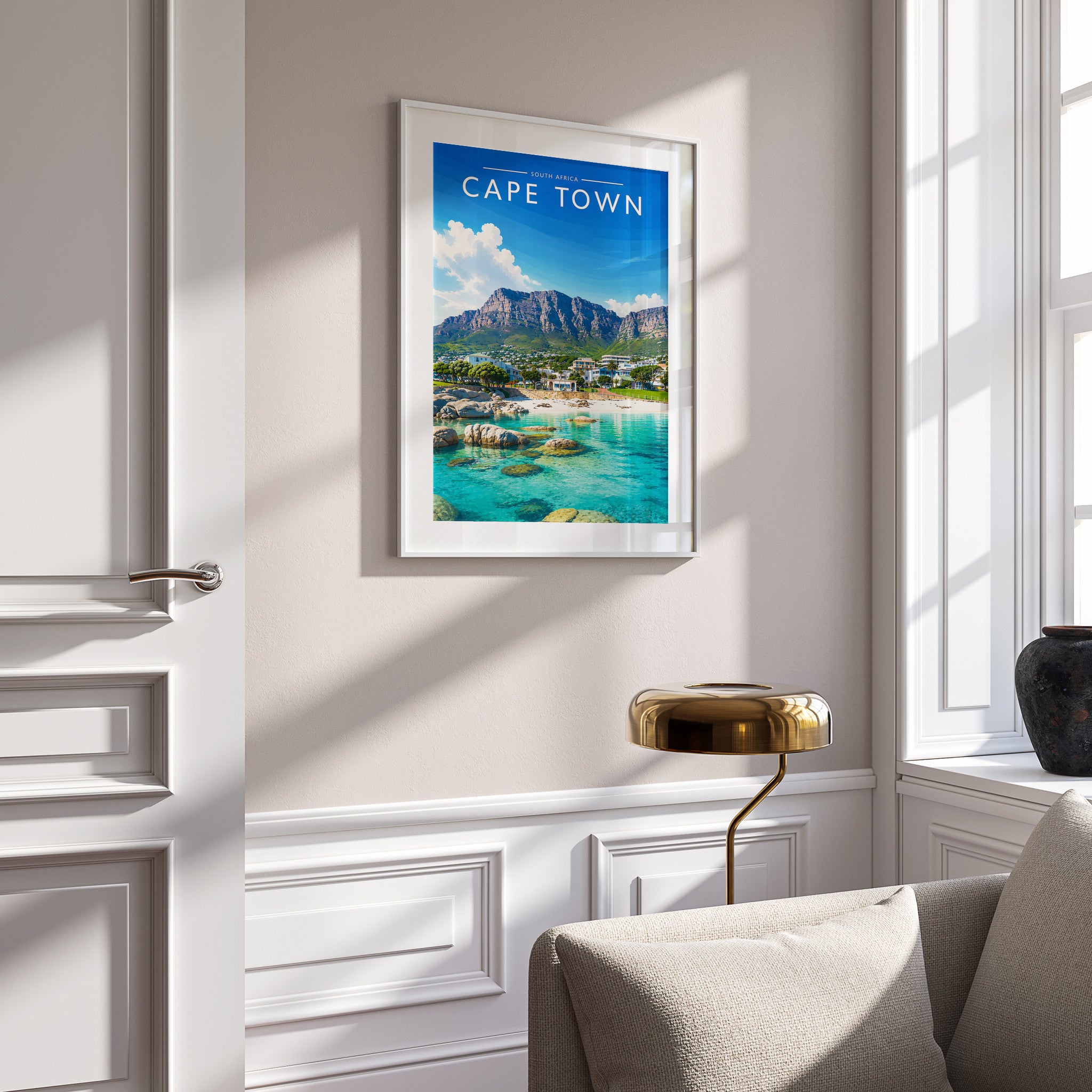Cape Town #3 Travel Poster in a white frame on a panelled wall