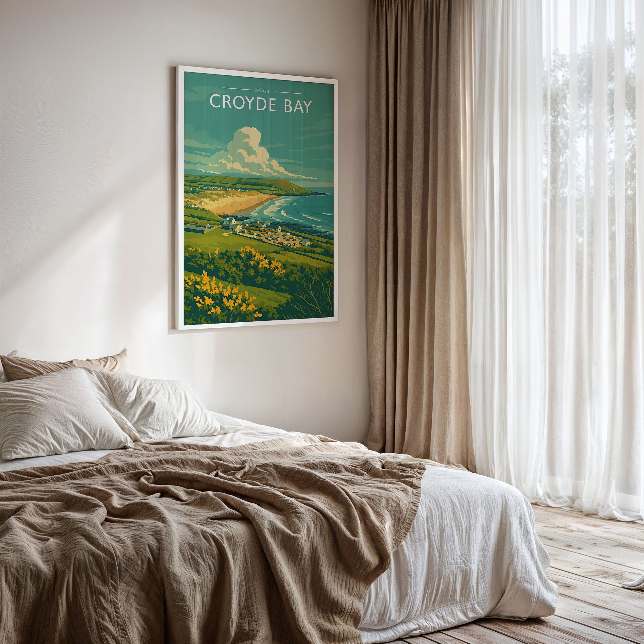Croyde Bay Travel Poster framed on a bedroom wall