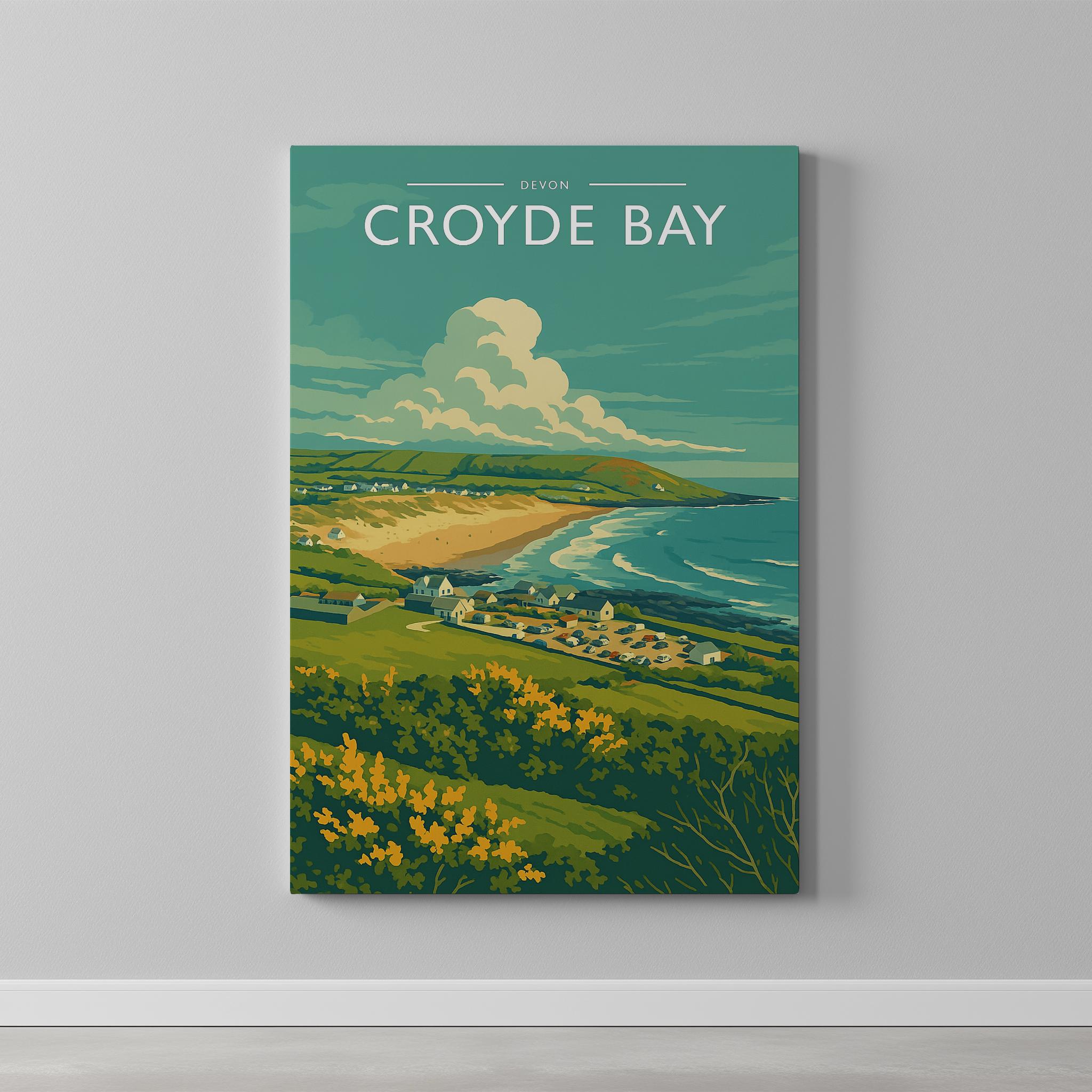 Croyde Bay Travel Poster as a gallery-wrapped canvas on a plain wall