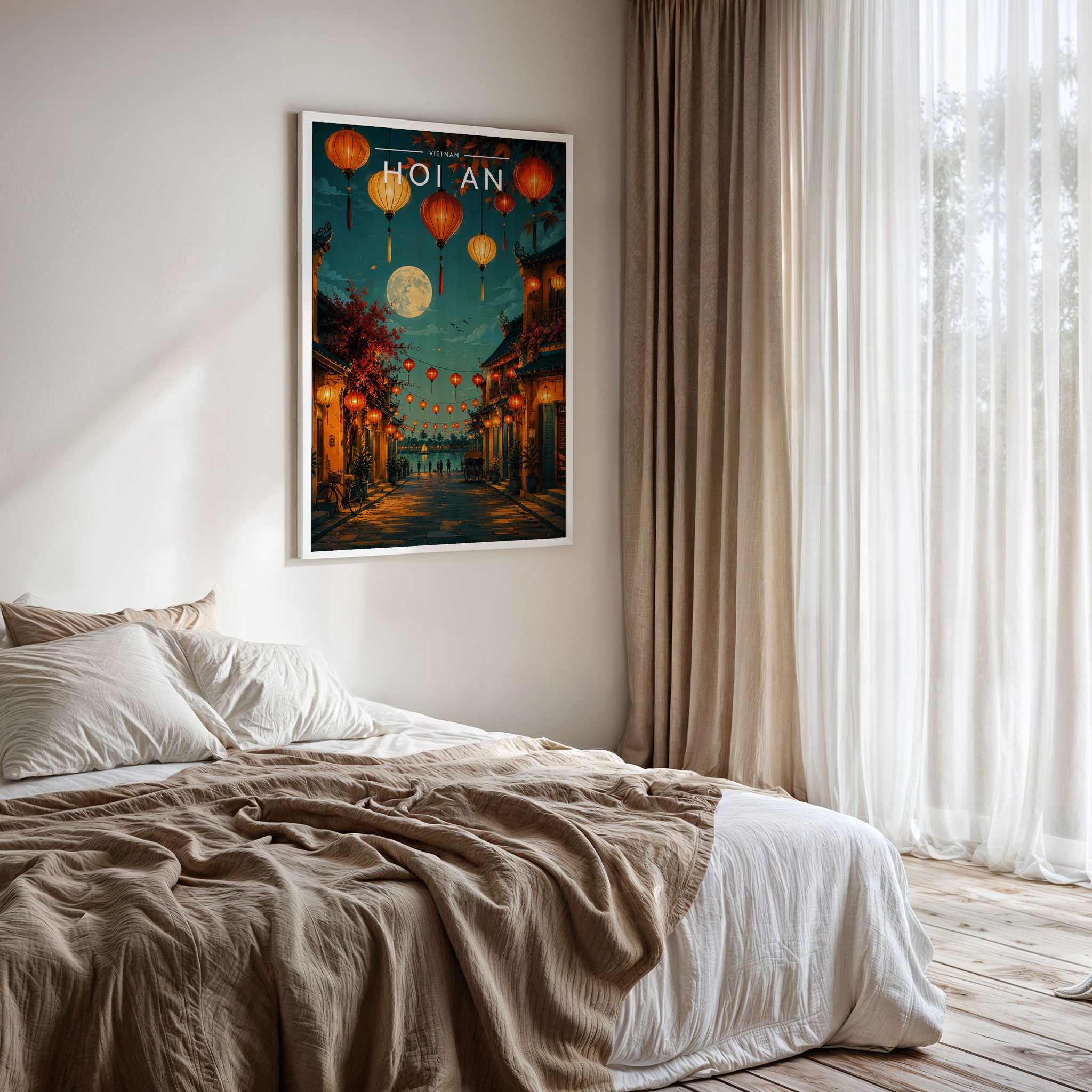 Hoi An #2 Travel Poster framed on a bedroom wall
