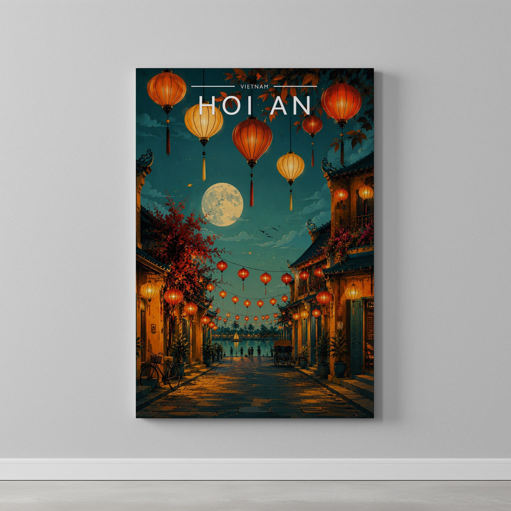 Hoi An #2 Travel Poster as a gallery-wrapped canvas on a plain wall