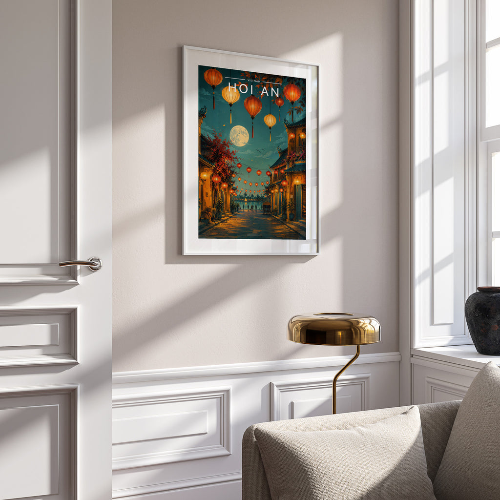 Hoi An #2 Travel Poster in a white frame on a panelled wall