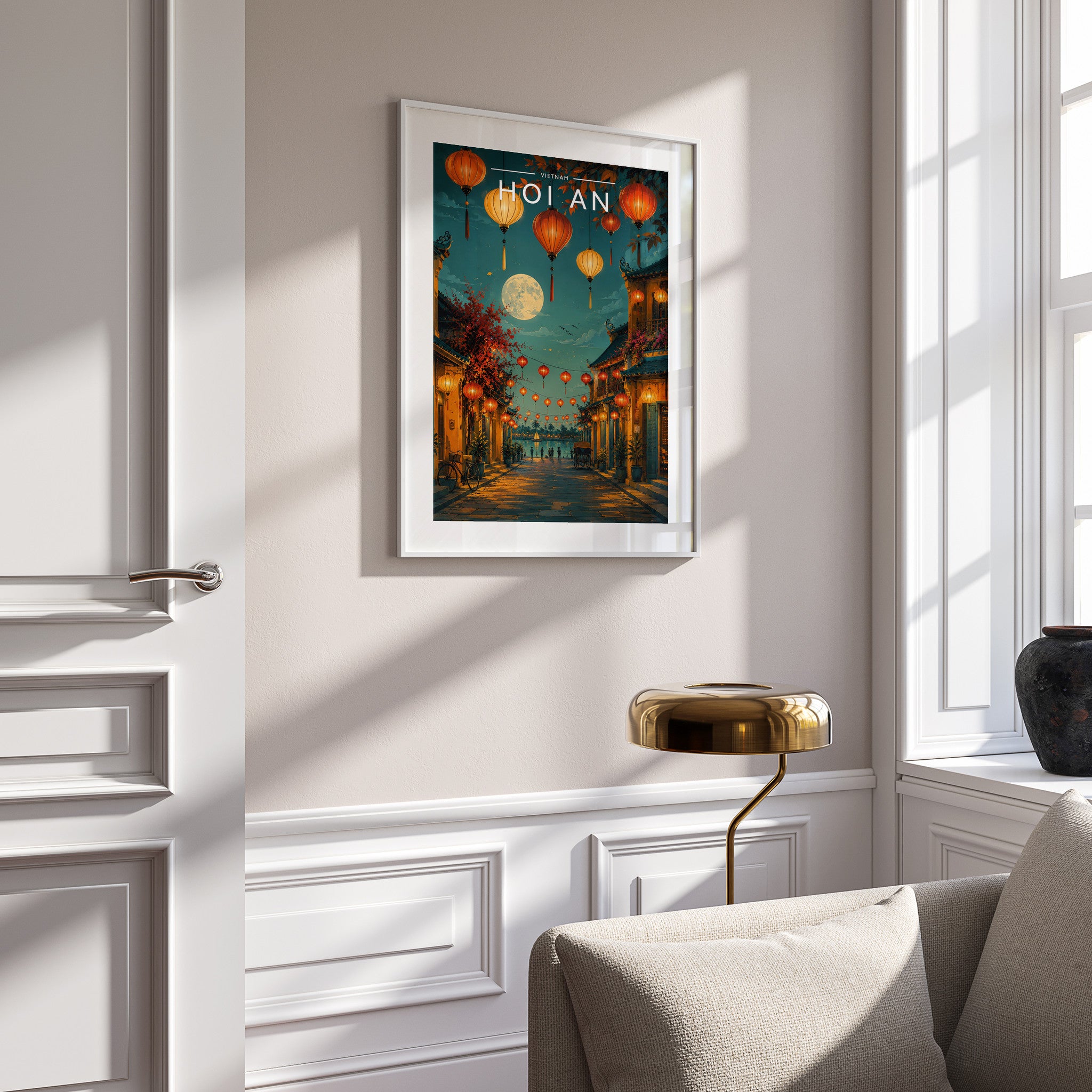 Hoi An #2 Travel Poster in a white frame on a panelled wall