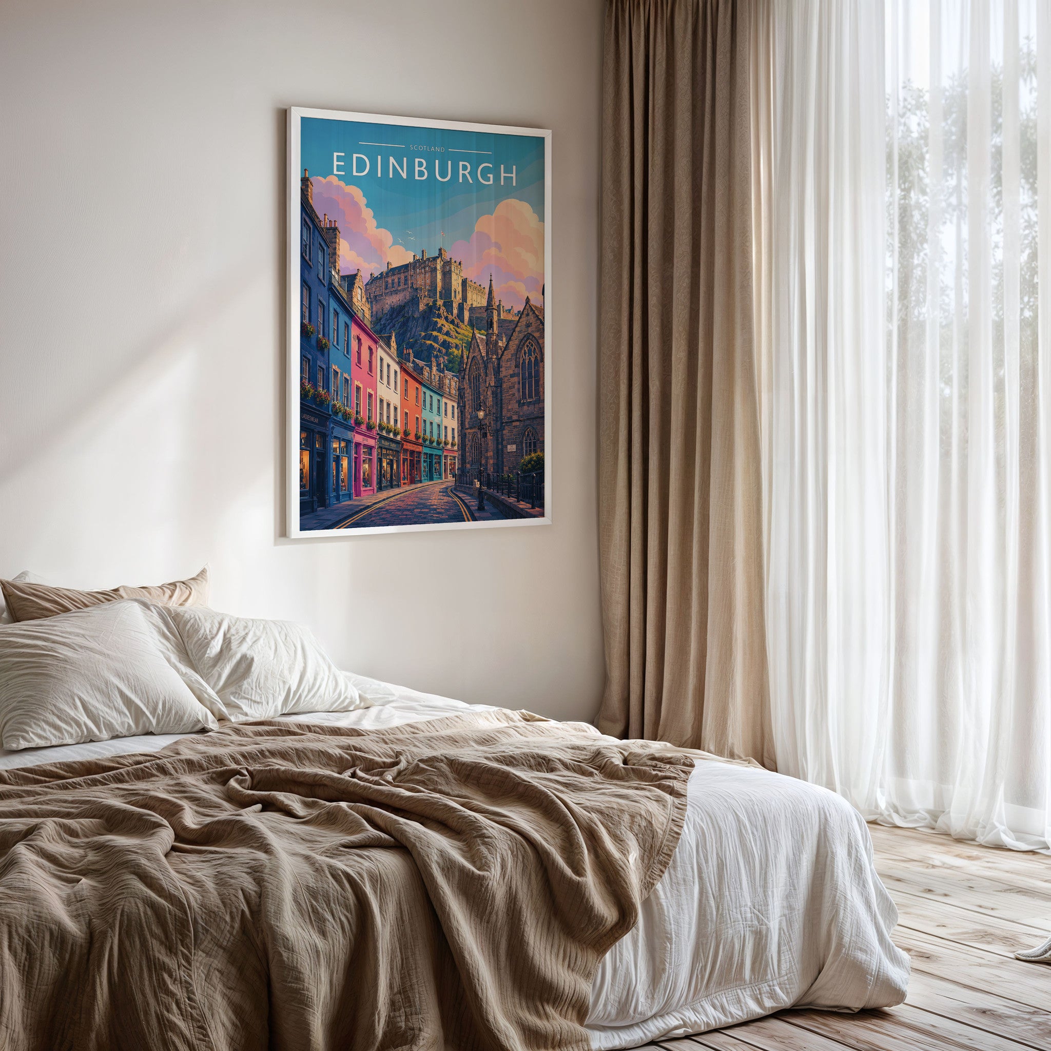 Edinburgh #3 Travel Poster framed on a bedroom wall