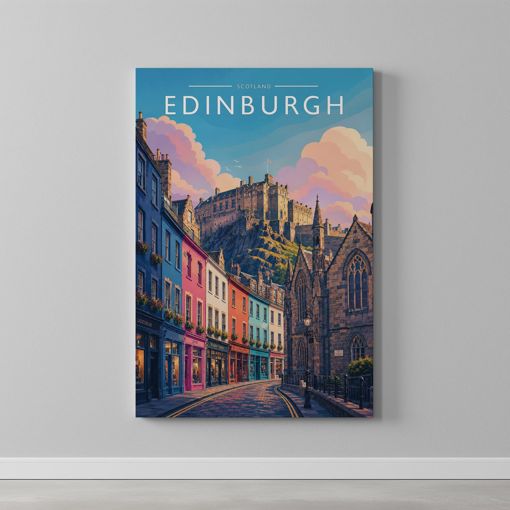 Edinburgh #3 Travel Poster as a gallery-wrapped canvas on a plain wall