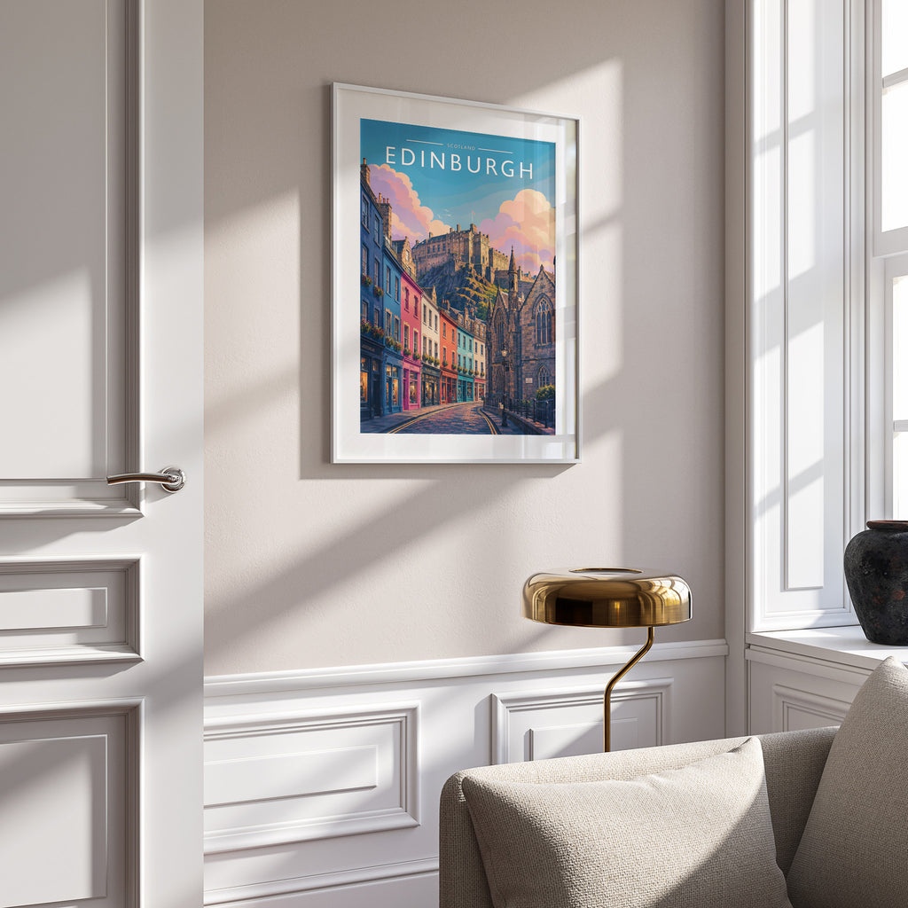 Edinburgh #3 Travel Poster in a white frame on a panelled wall
