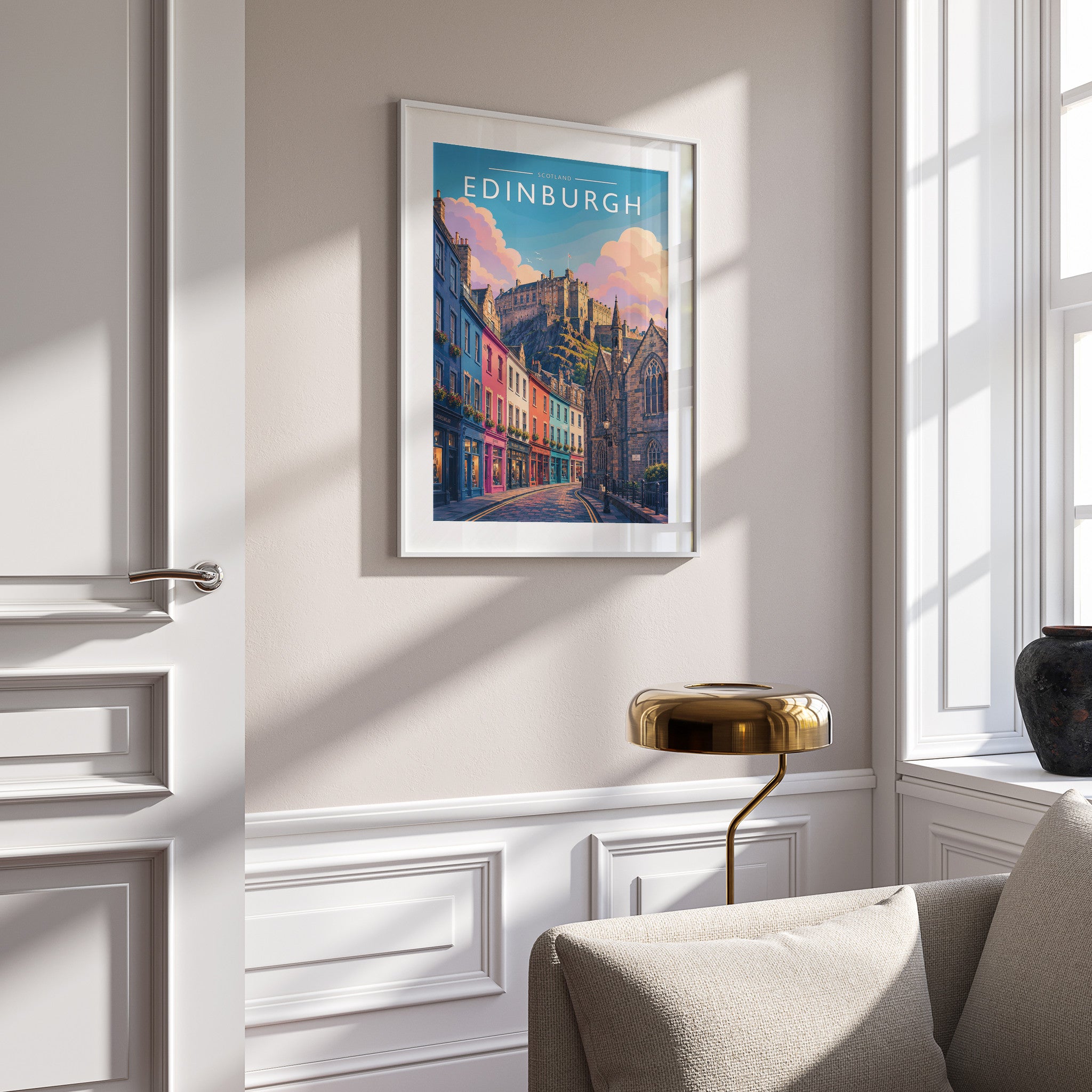 Edinburgh #3 Travel Poster in a white frame on a panelled wall