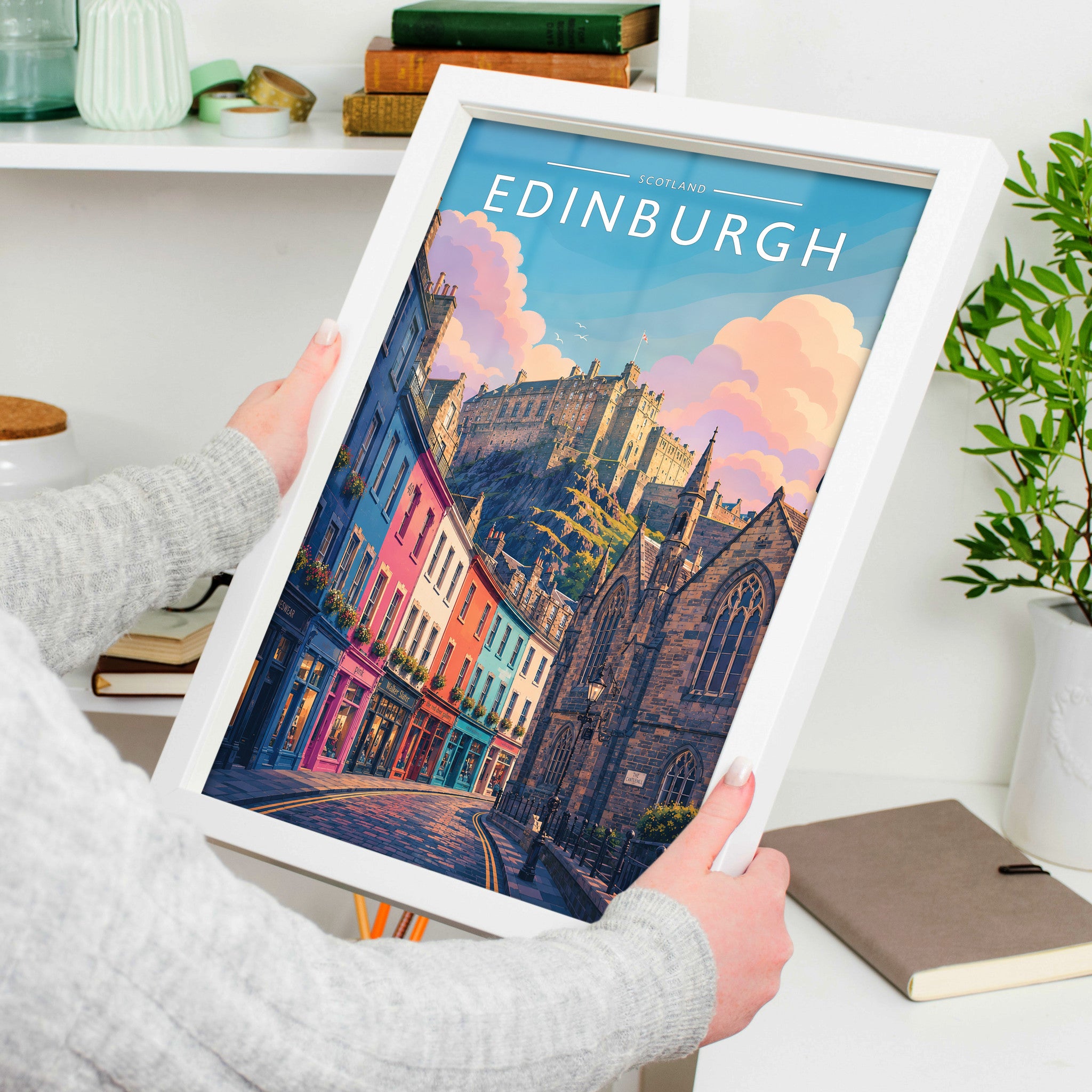 Edinburgh #3 Travel Poster in a white frame, held to show scale