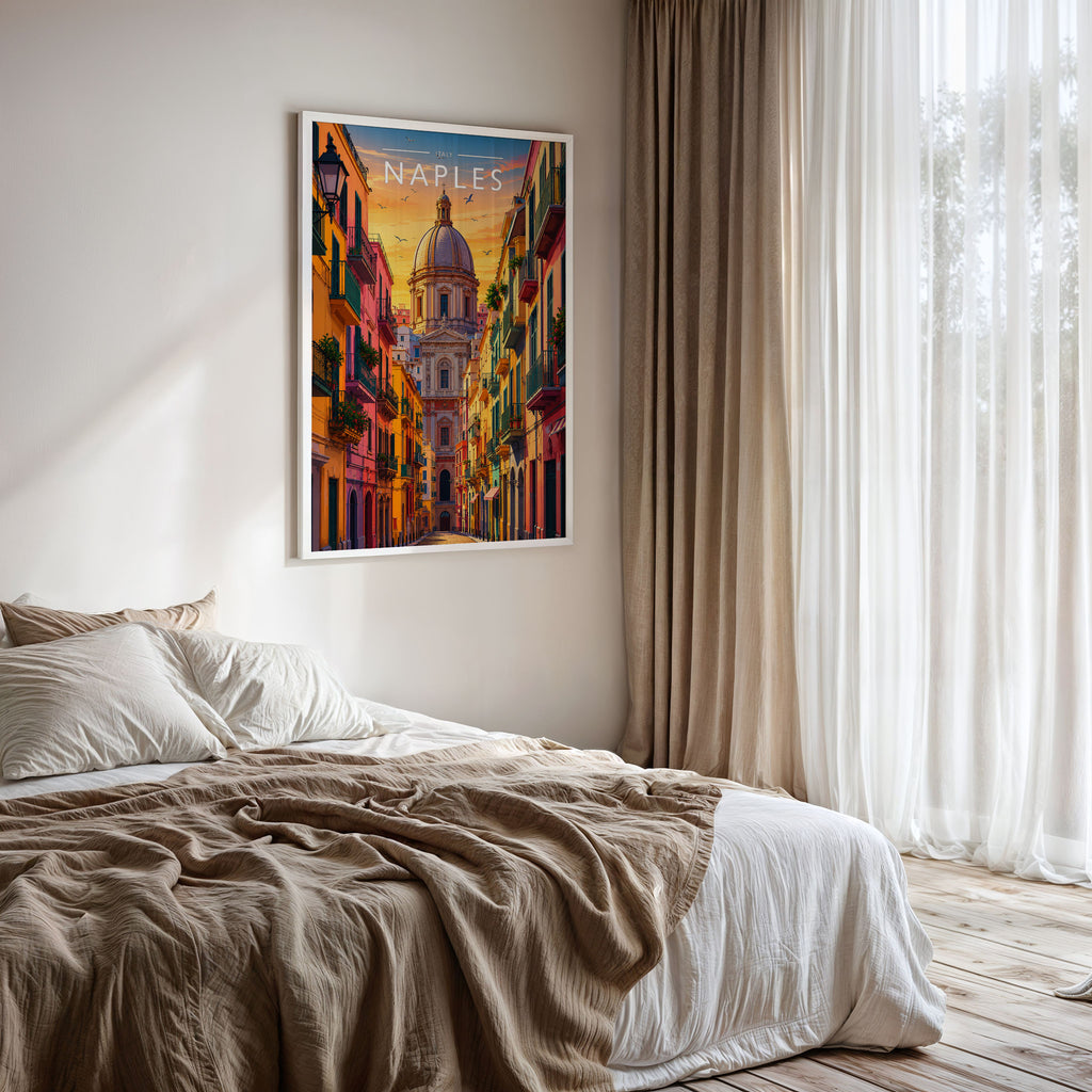 Naples Travel Poster framed on a bedroom wall