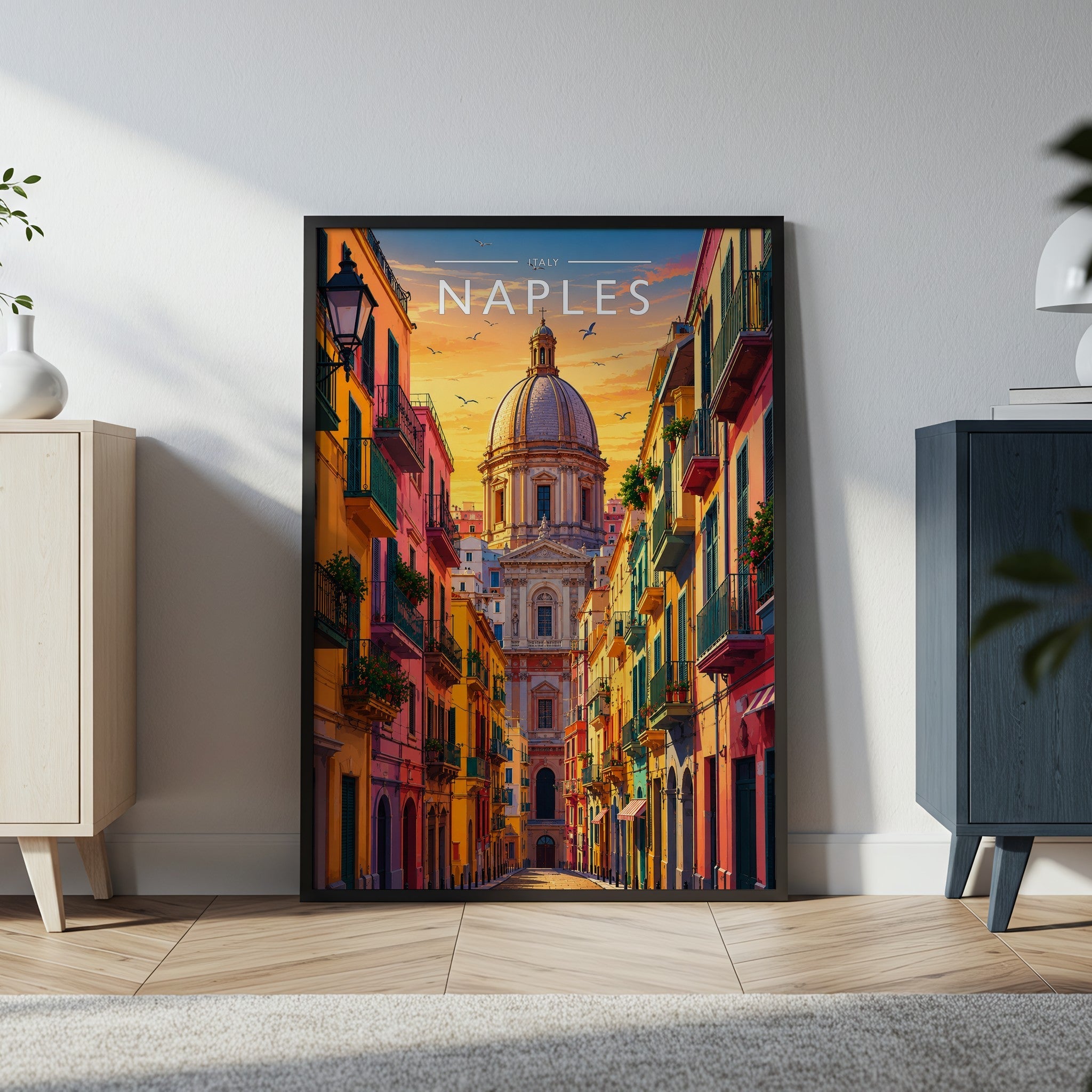 Naples Travel Poster in a black frame