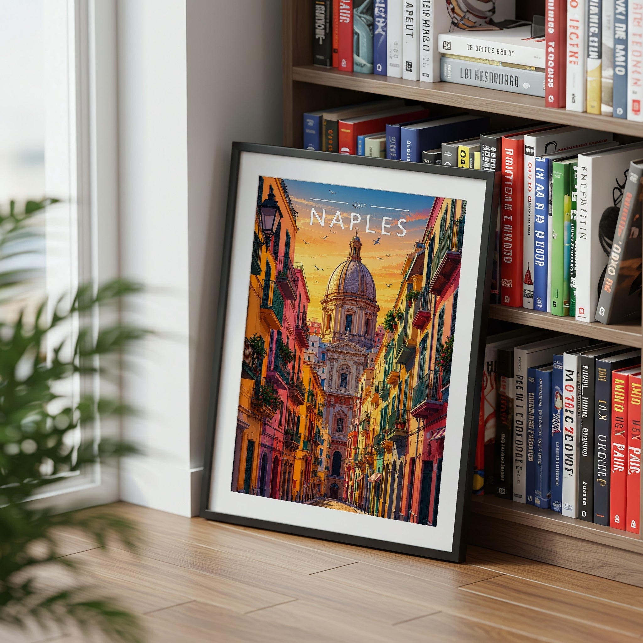 Naples Travel Poster mounted in a black frame