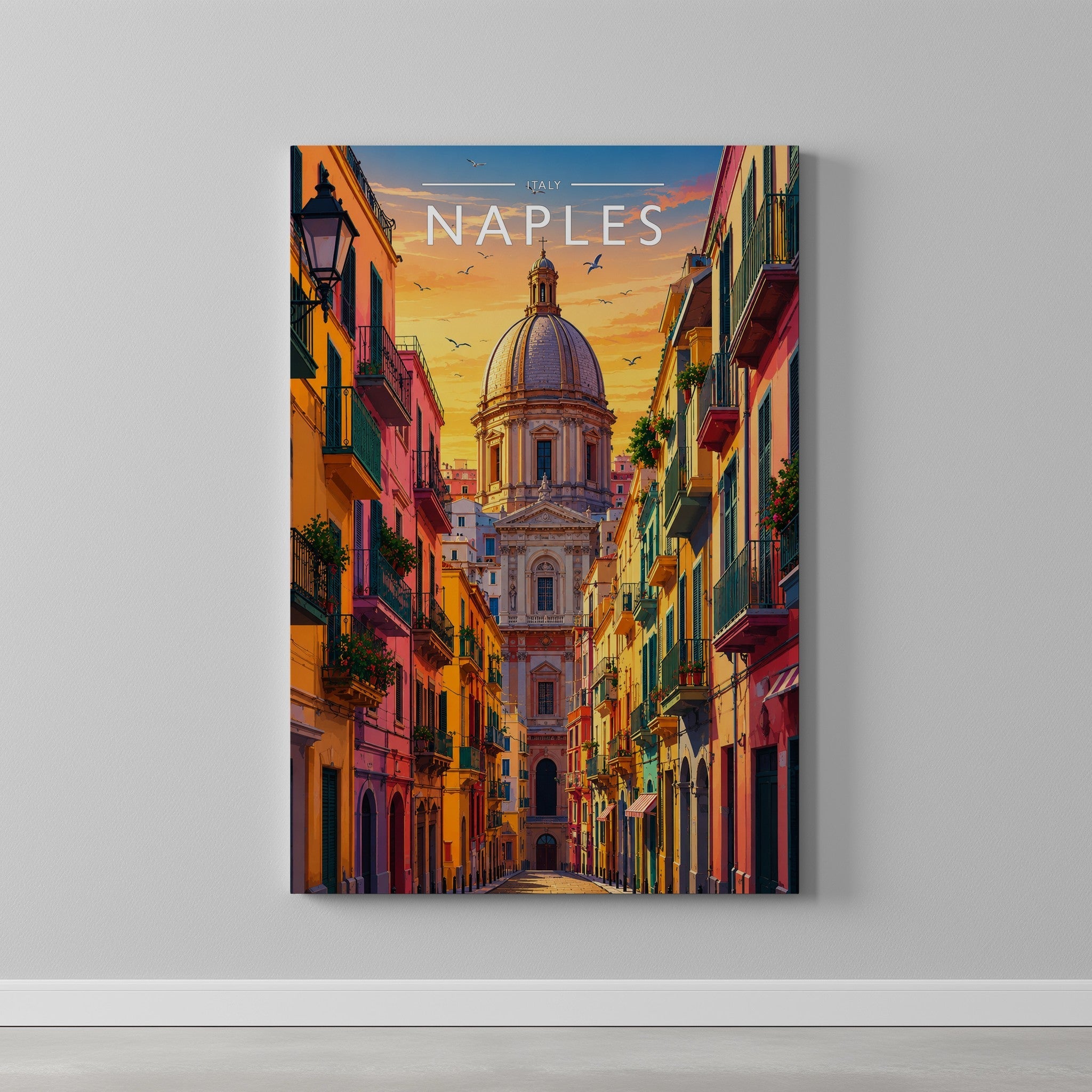 Naples Travel Poster as a gallery-wrapped canvas on a plain wall