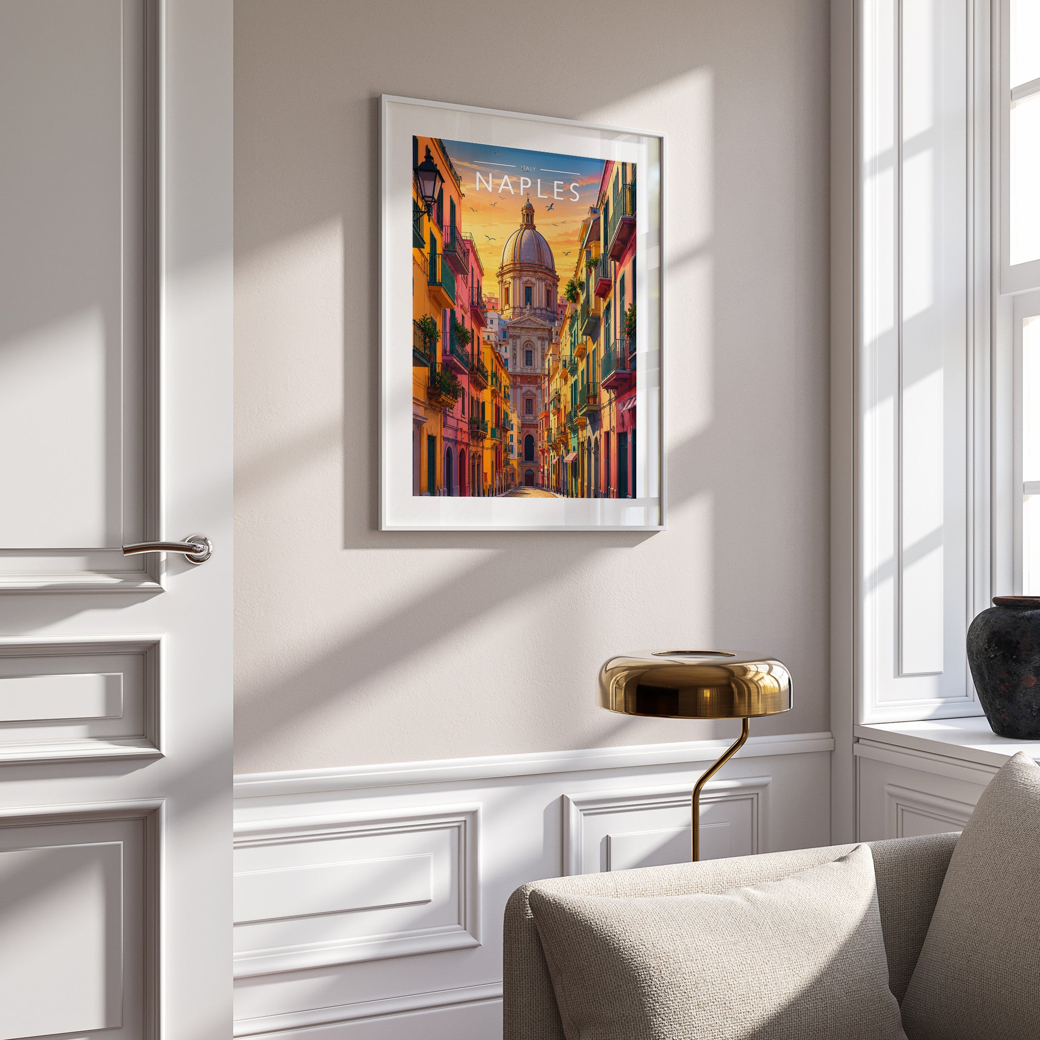 Naples Travel Poster in a white frame on a panelled wall