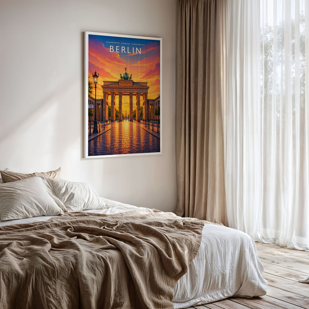 Berlin Travel Poster framed on a bedroom wall