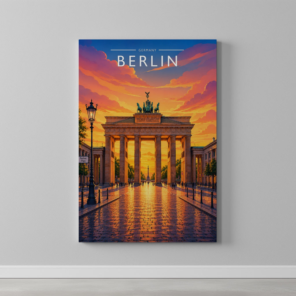 Berlin Travel Poster as a gallery-wrapped canvas on a plain wall
