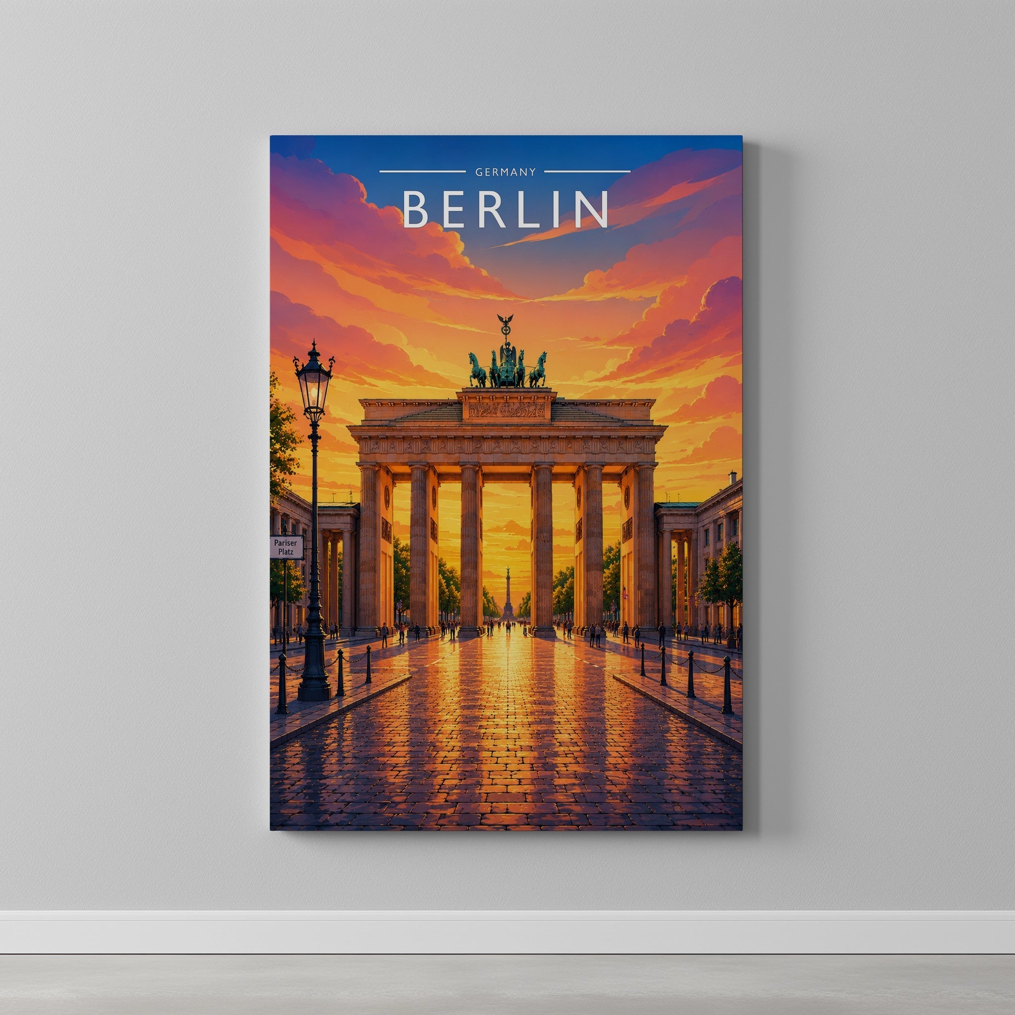 Berlin Travel Poster as a gallery-wrapped canvas on a plain wall