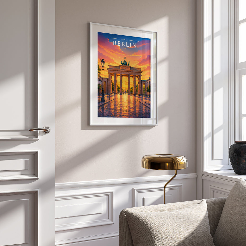 Berlin Travel Poster in a white frame on a panelled wall
