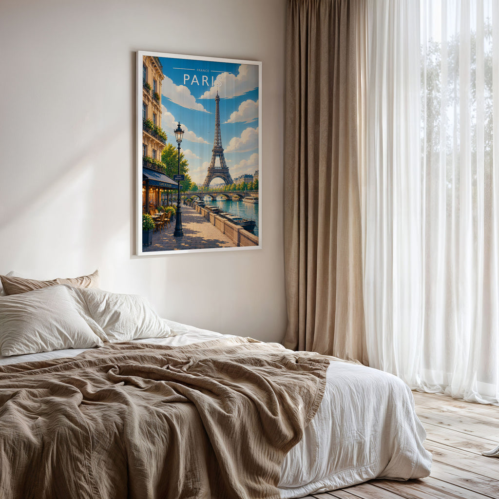 Paris #3 Travel Poster framed on a bedroom wall