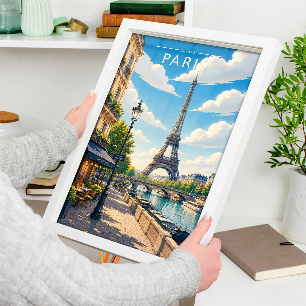 Paris #3 Travel Poster in a white frame, held to show scale