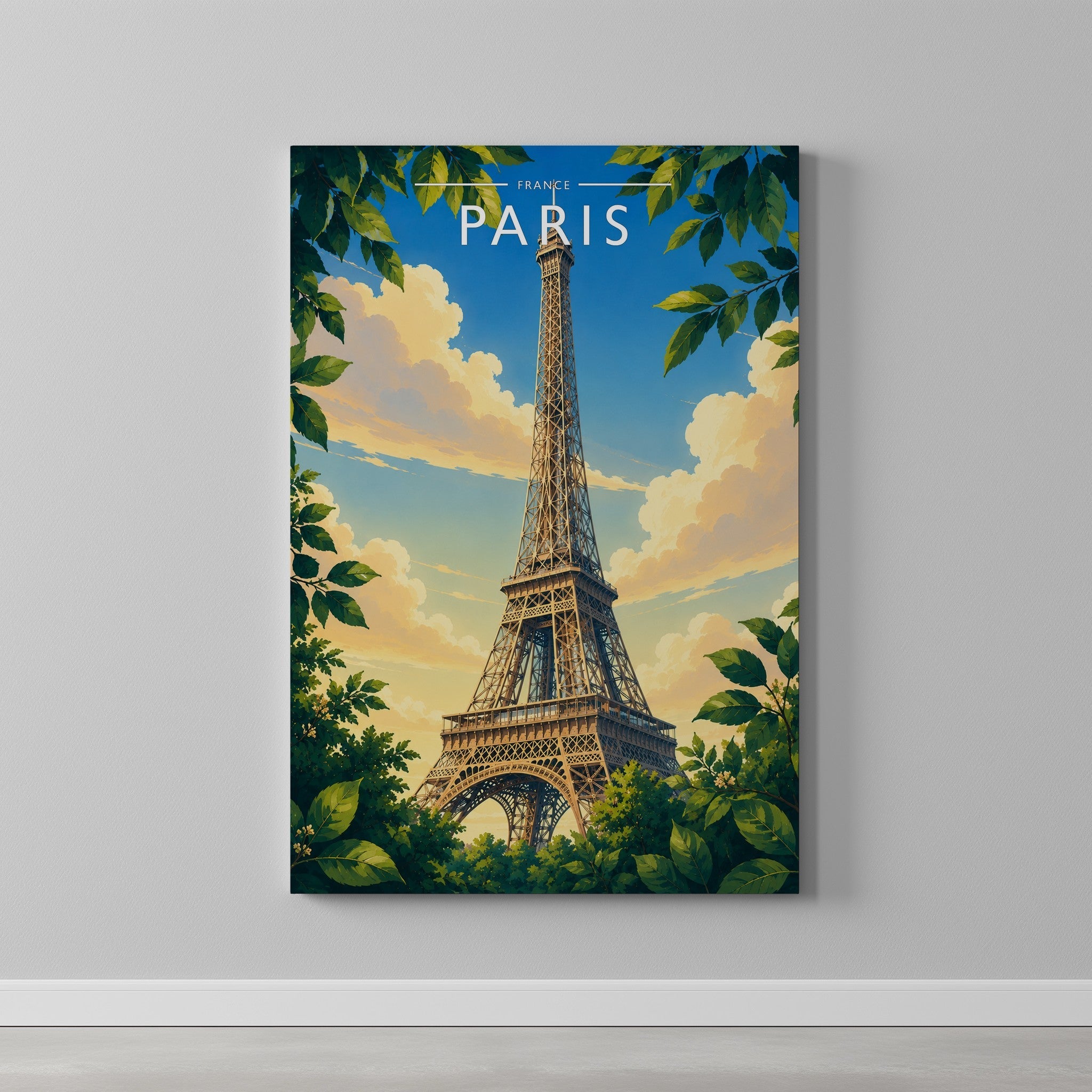 Paris #4 Travel Poster as a gallery-wrapped canvas on a plain wall