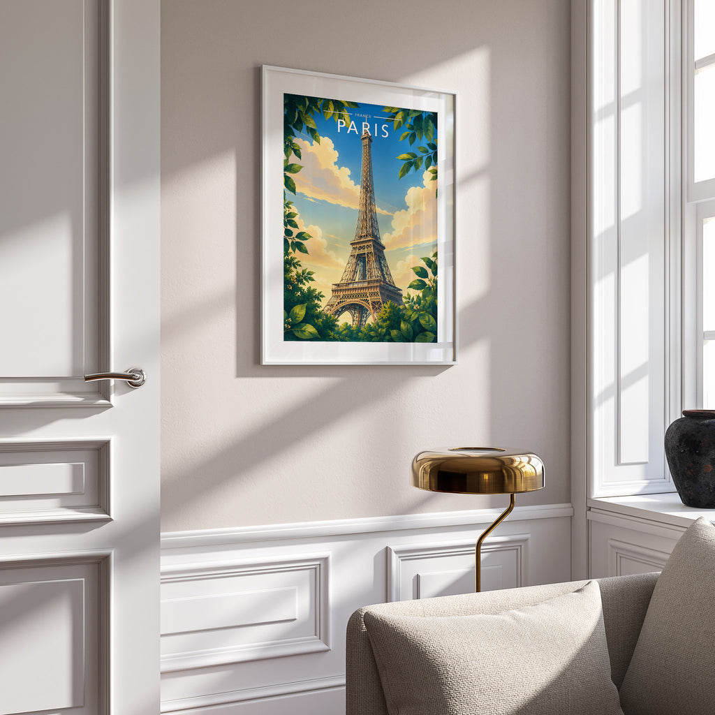 Paris #4 Travel Poster in a white frame on a panelled wall