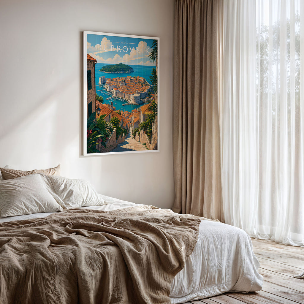 Dubrovnik #2 Travel Poster framed on a bedroom wall