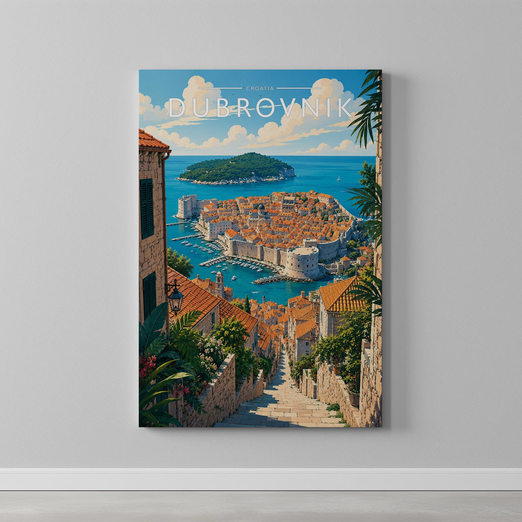 Dubrovnik #2 Travel Poster as a gallery-wrapped canvas on a plain wall