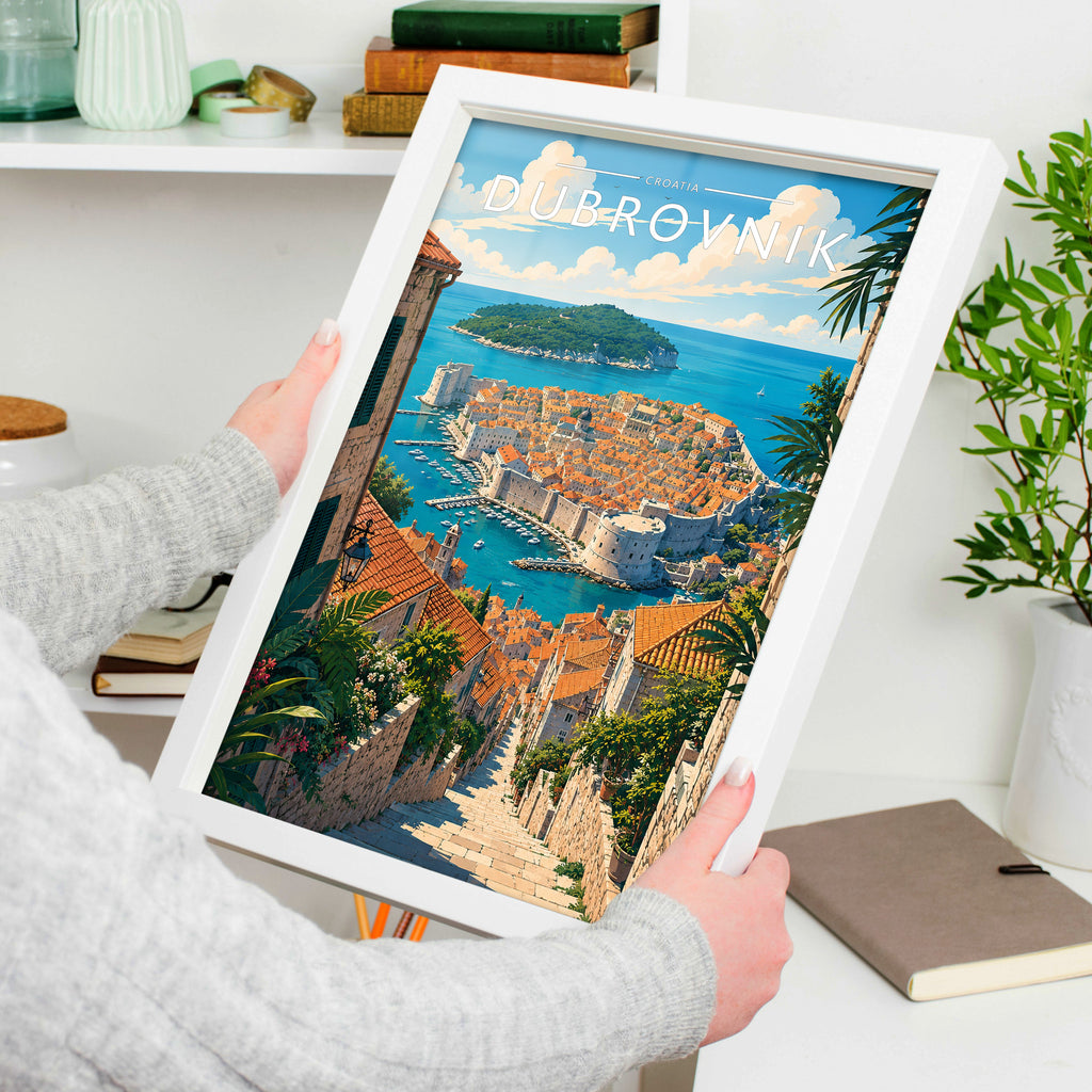 Dubrovnik #2 Travel Poster in a white frame, held to show scale