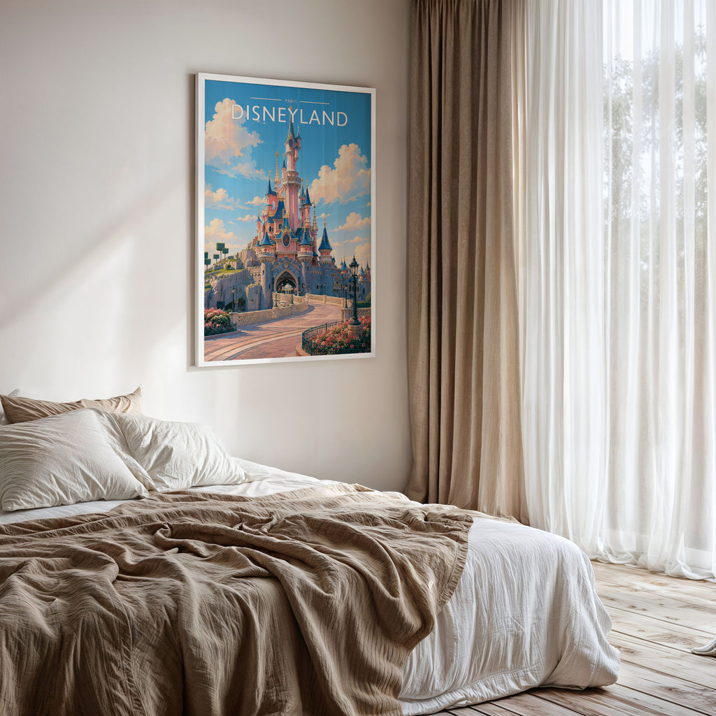 Paris #5 Travel Poster framed on a bedroom wall