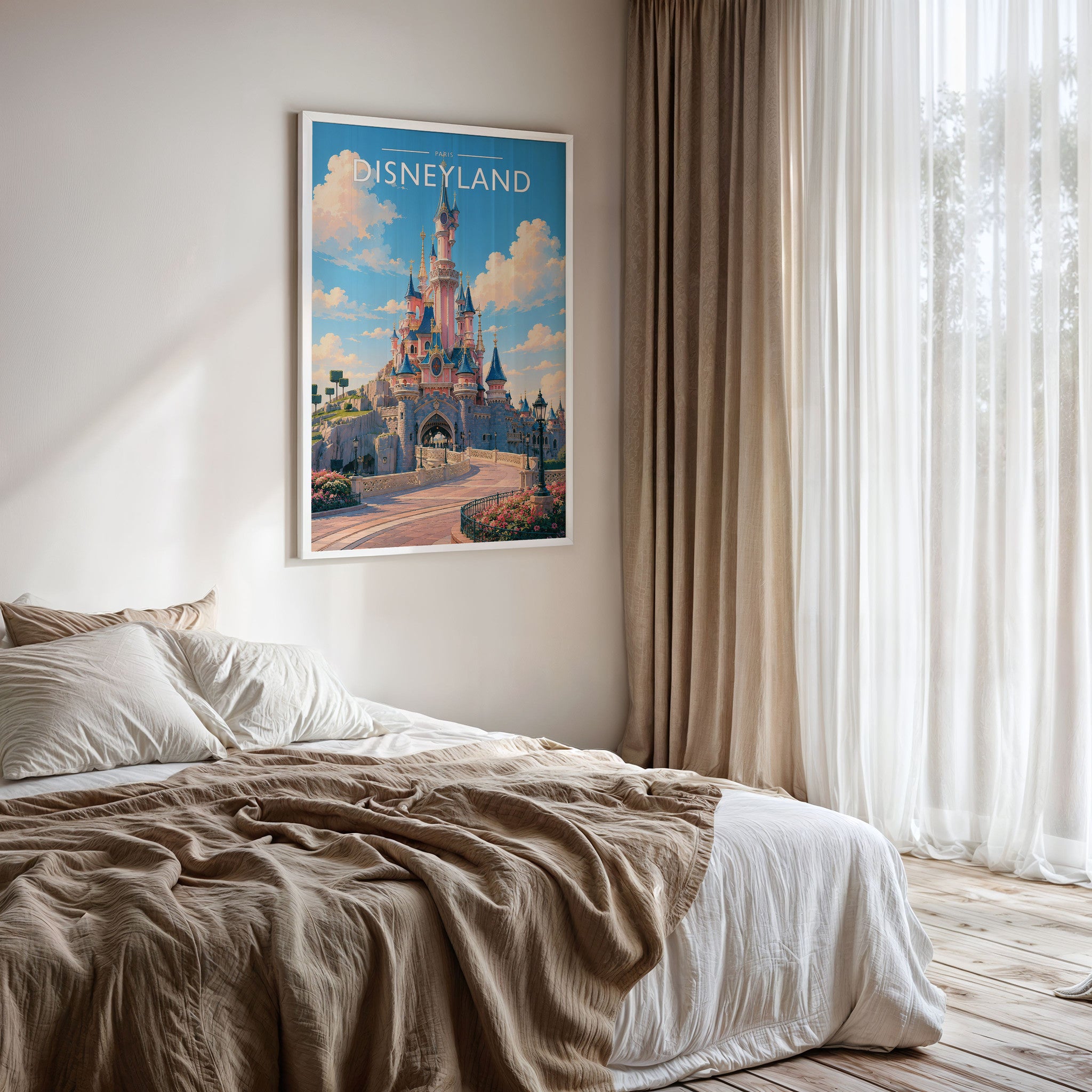 Paris #5 Travel Poster framed on a bedroom wall