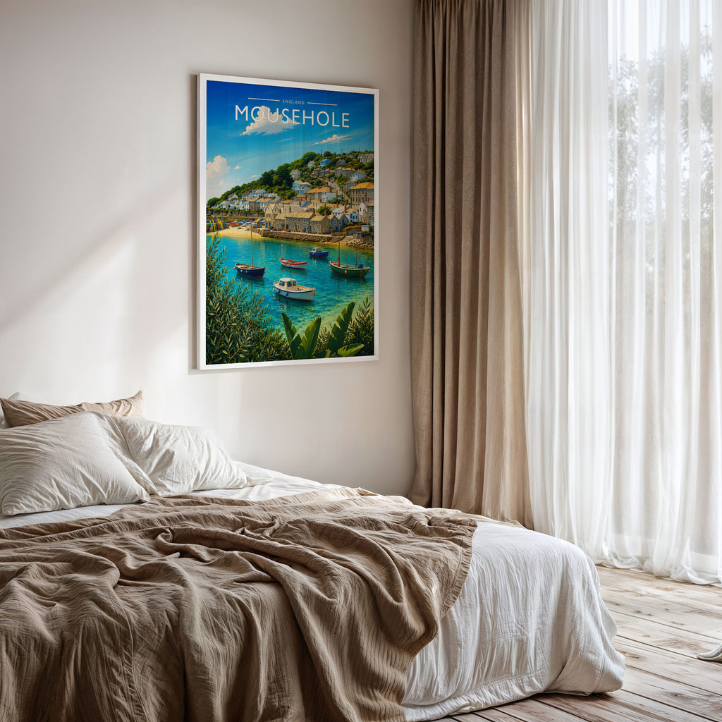Mousehole Travel Poster framed on a bedroom wall
