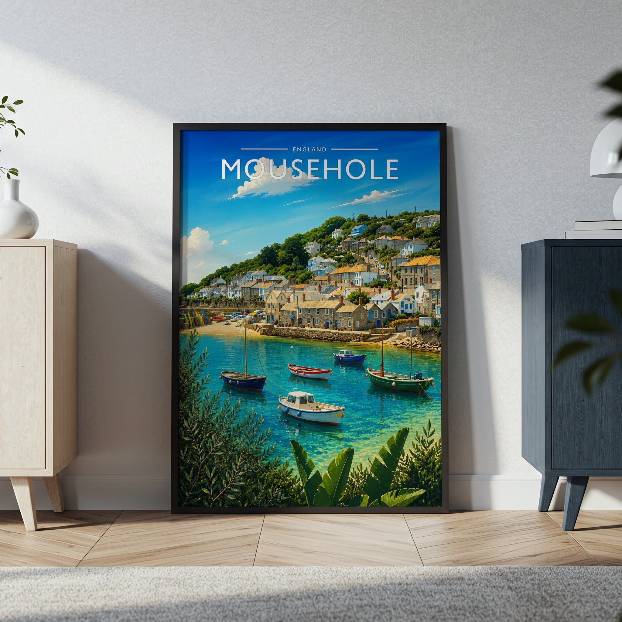 Mousehole Travel Poster in a black frame