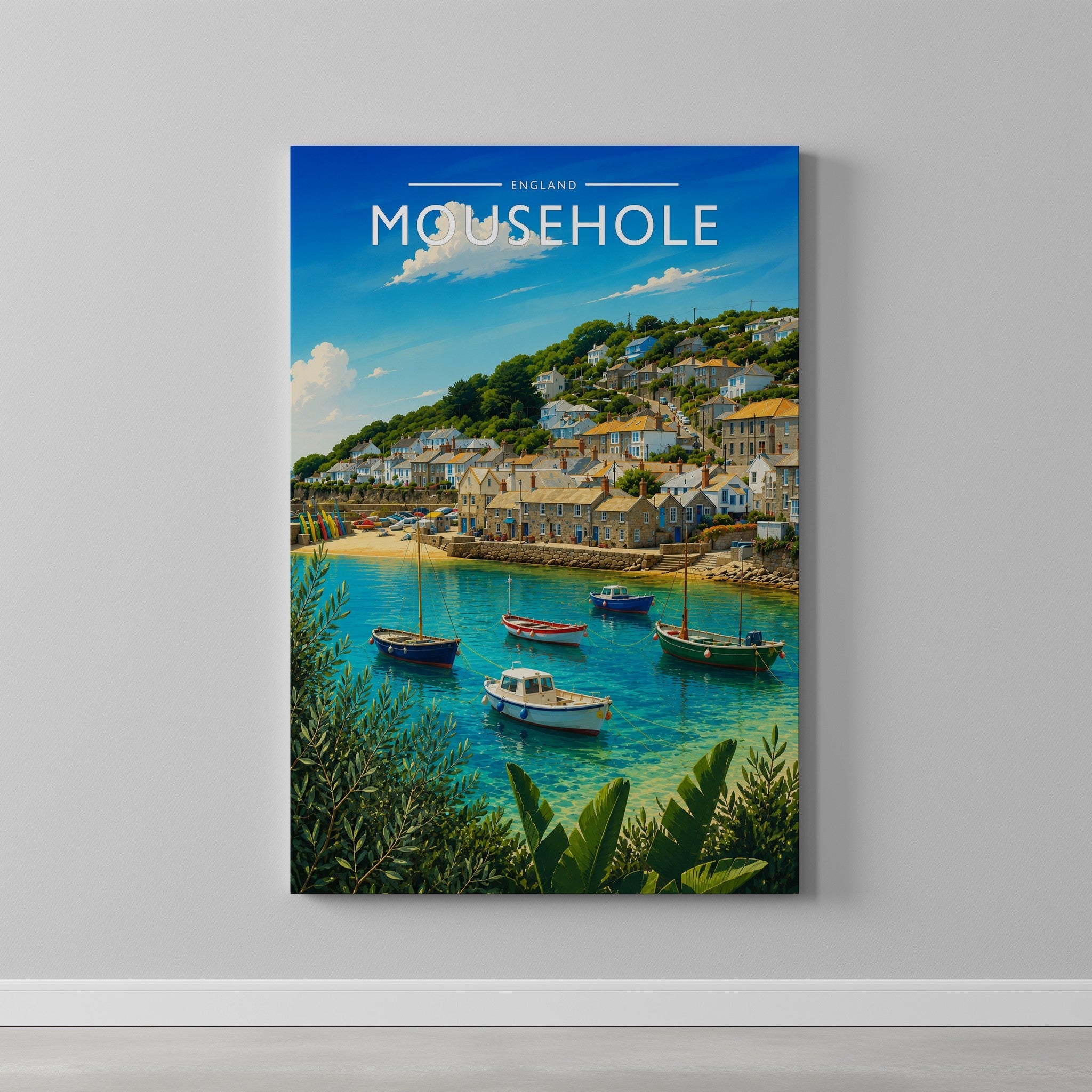 Mousehole Travel Poster as a gallery-wrapped canvas on a plain wall