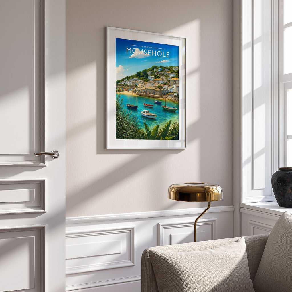 Mousehole Travel Poster in a white frame on a panelled wall