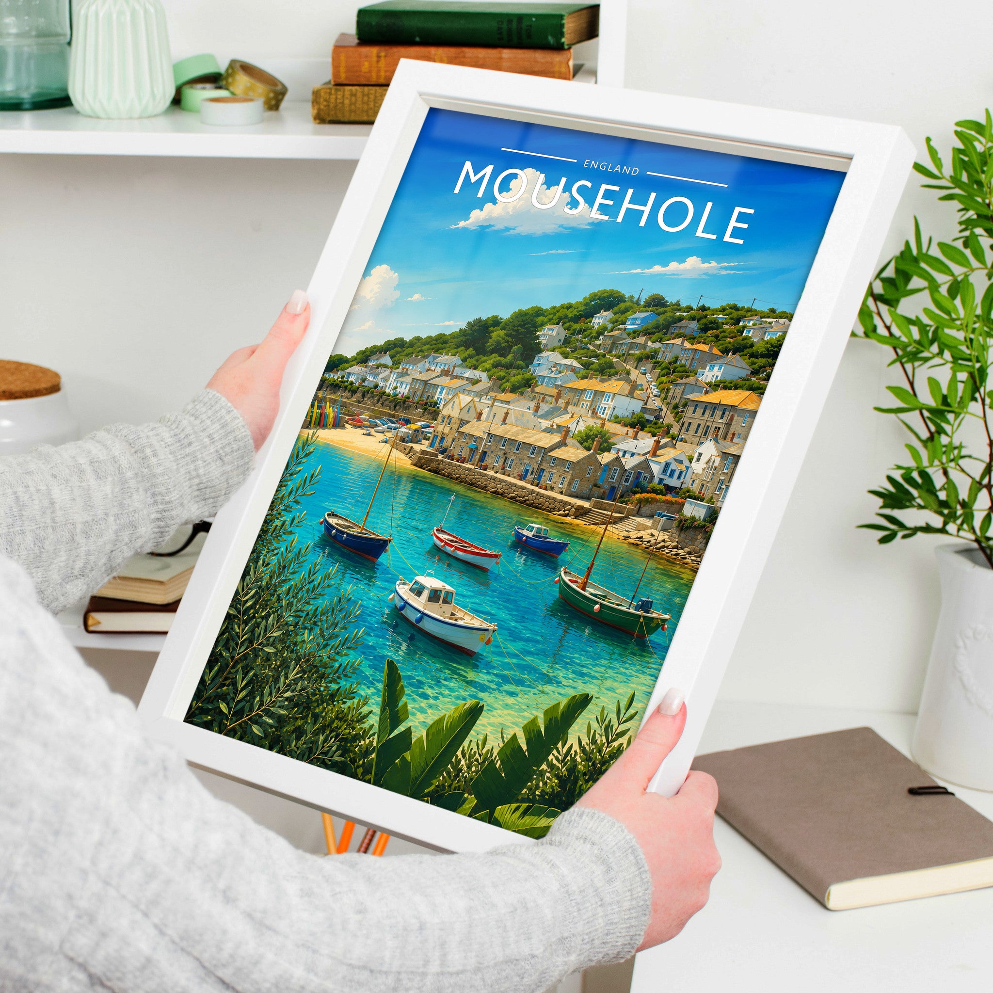 Mousehole Travel Poster in a white frame, held to show scale