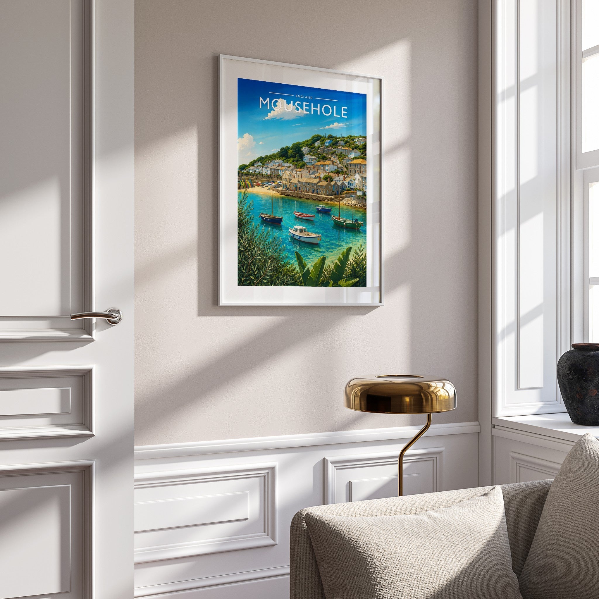Mousehole Travel Poster mounted in a white frame