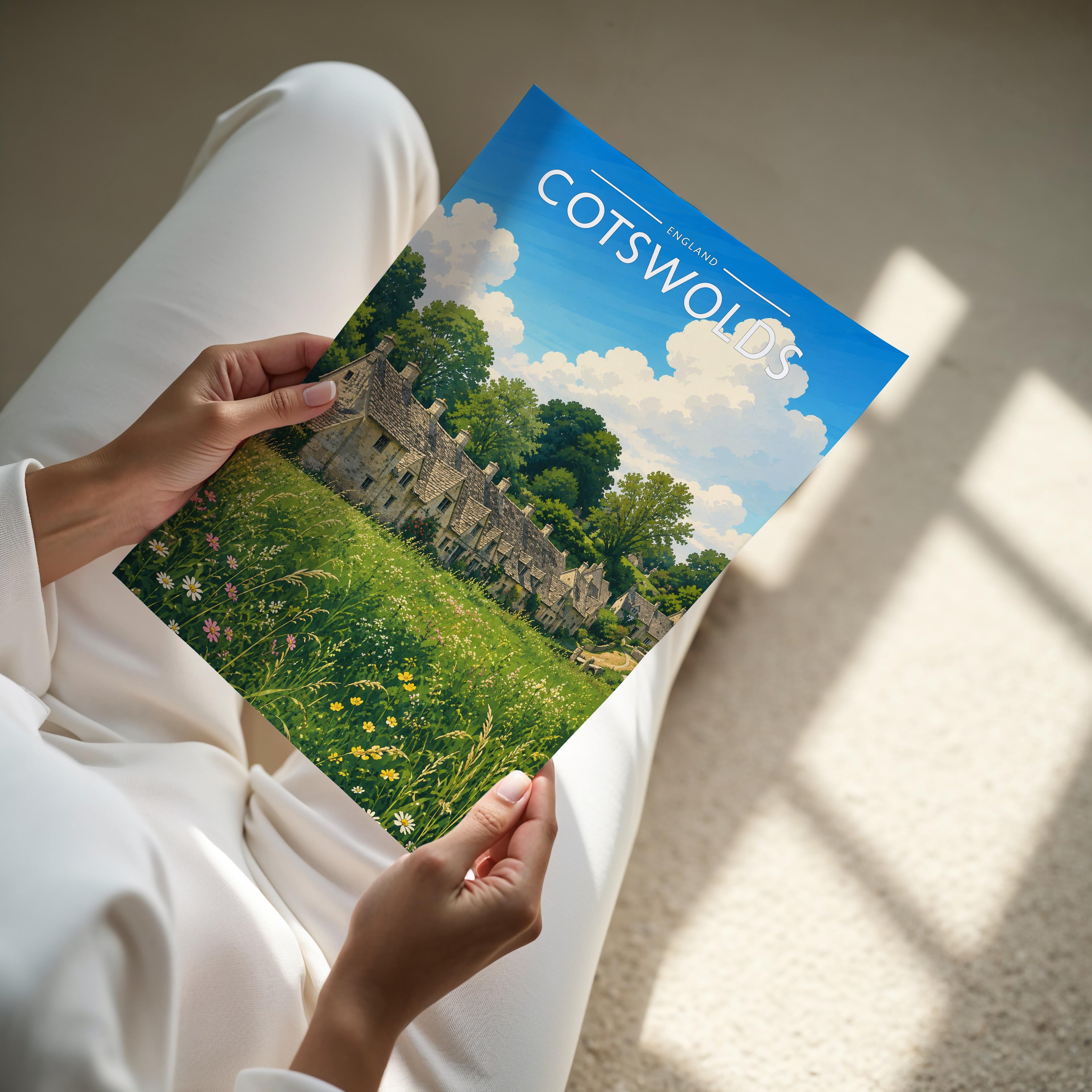 Cotswolds Travel Poster - A4 print held in hand