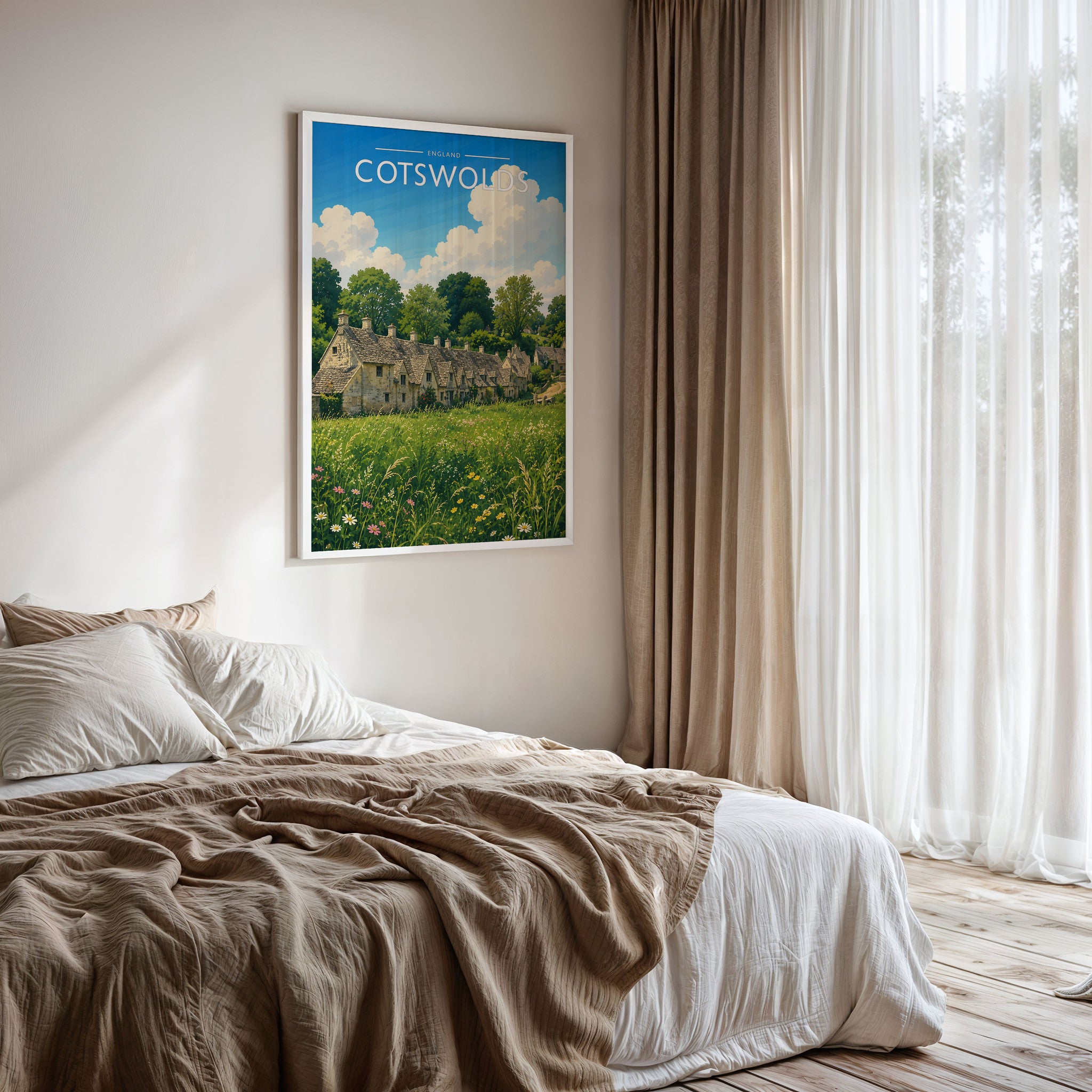 Cotswolds Travel Poster framed on a bedroom wall
