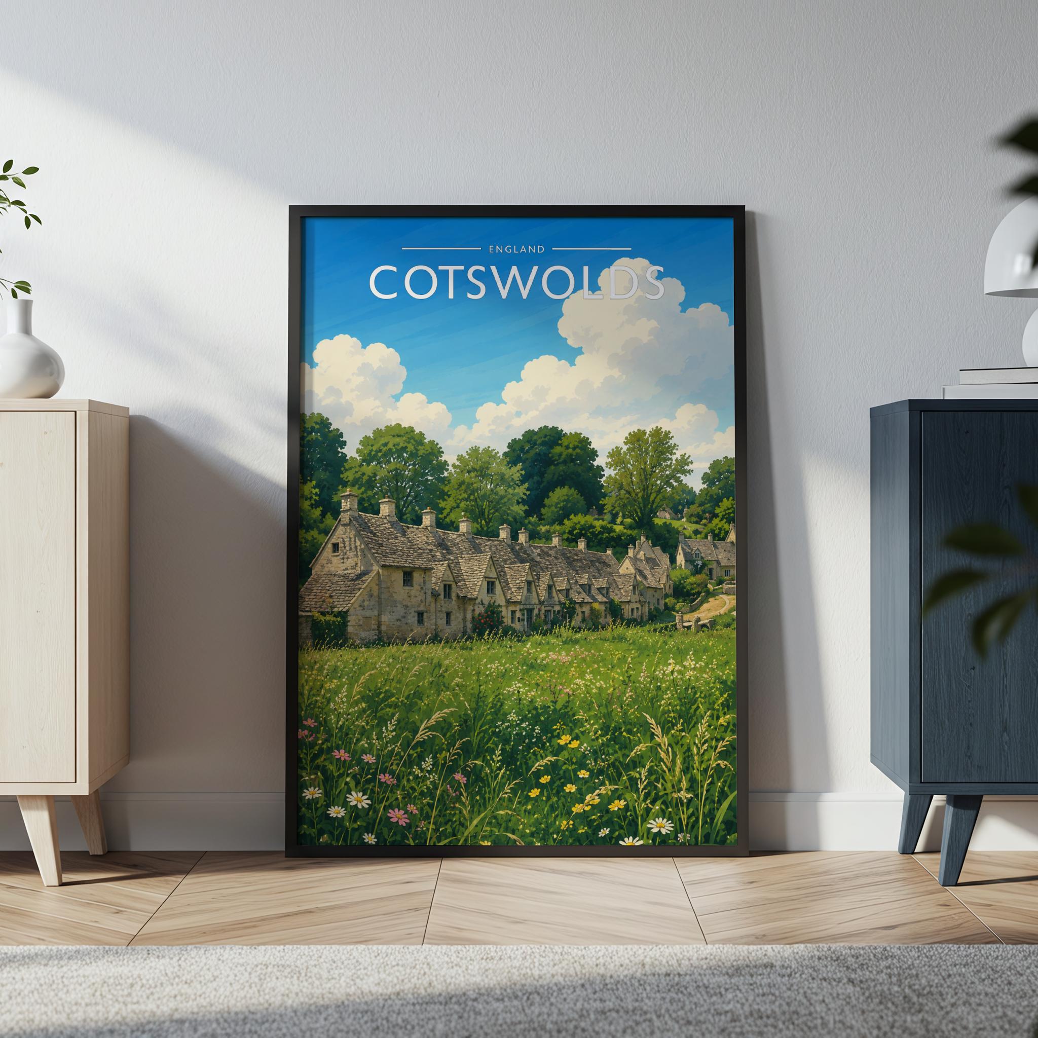 Cotswolds Travel Poster in a black frame